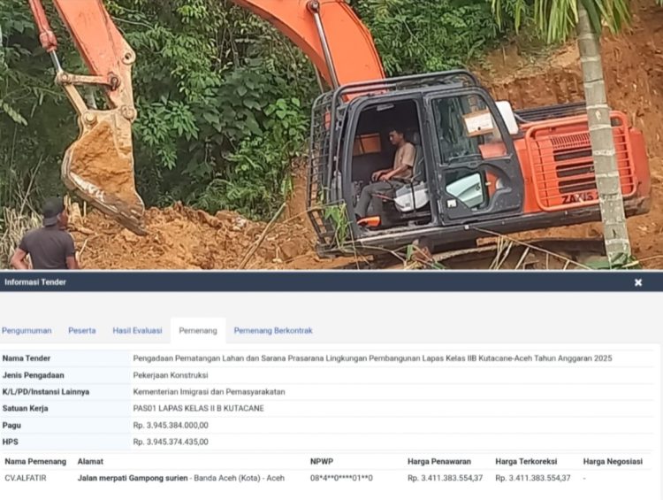 Alat berat jenis ekskavator tampak beroperasi melakukan aktivitas penggalian dan pemindahan tanah urug yang diduga berasal dari tambang galian Golongan D ilegal di Desa Kumbang Jaya, Kecamatan Badar, Kabupaten Aceh Tenggara, yang disinyalir digunakan sebagai material timbunan dalam proyek pematangan lahan pembangunan Lapas Kelas II B Kutacane Tahun Anggaran 2025.