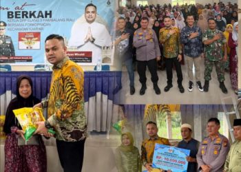 Ketua DPP Elang 3 Hambalang Riau, Pebriyan Winaldi, bersama unsur Forkopimcam Kecamatan Kampar menyerahkan bantuan Jumat Berkah kepada masyarakat kurang mampu serta bantuan tunai Rp10 juta untuk pembangunan Masjid Al-Amin di Dusun III Desa Bukit Ranah, Kecamatan Kampar, Kabupaten Kampar.