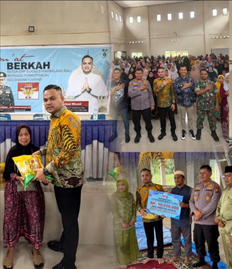 Ketua DPP Elang 3 Hambalang Riau, Pebriyan Winaldi, bersama unsur Forkopimcam Kecamatan Kampar menyerahkan bantuan Jumat Berkah kepada masyarakat kurang mampu serta bantuan tunai Rp10 juta untuk pembangunan Masjid Al-Amin di Dusun III Desa Bukit Ranah, Kecamatan Kampar, Kabupaten Kampar.