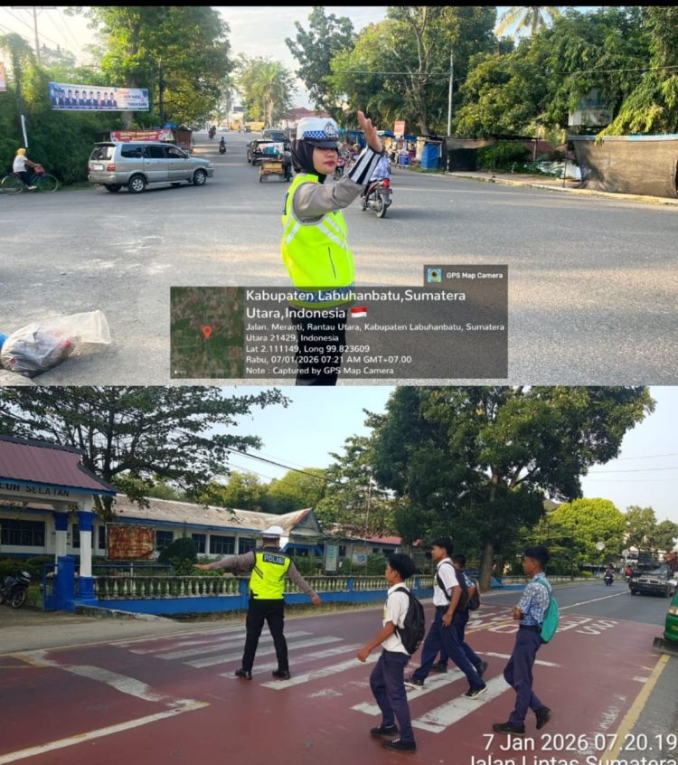 personel Satuan Lalu Lintas Polres Labuhanbatu di bawah kepemimpinan Kasat Lantas IPTU Muhammad Rizal melaksanakan kegiatan pengaturan dan penjagaan lalu lintas pada jam rawan padat arus pagi (Pos Padat Pagi) di wilayah hukum Polres Labuhanbatu, Rabu, (07/012026).