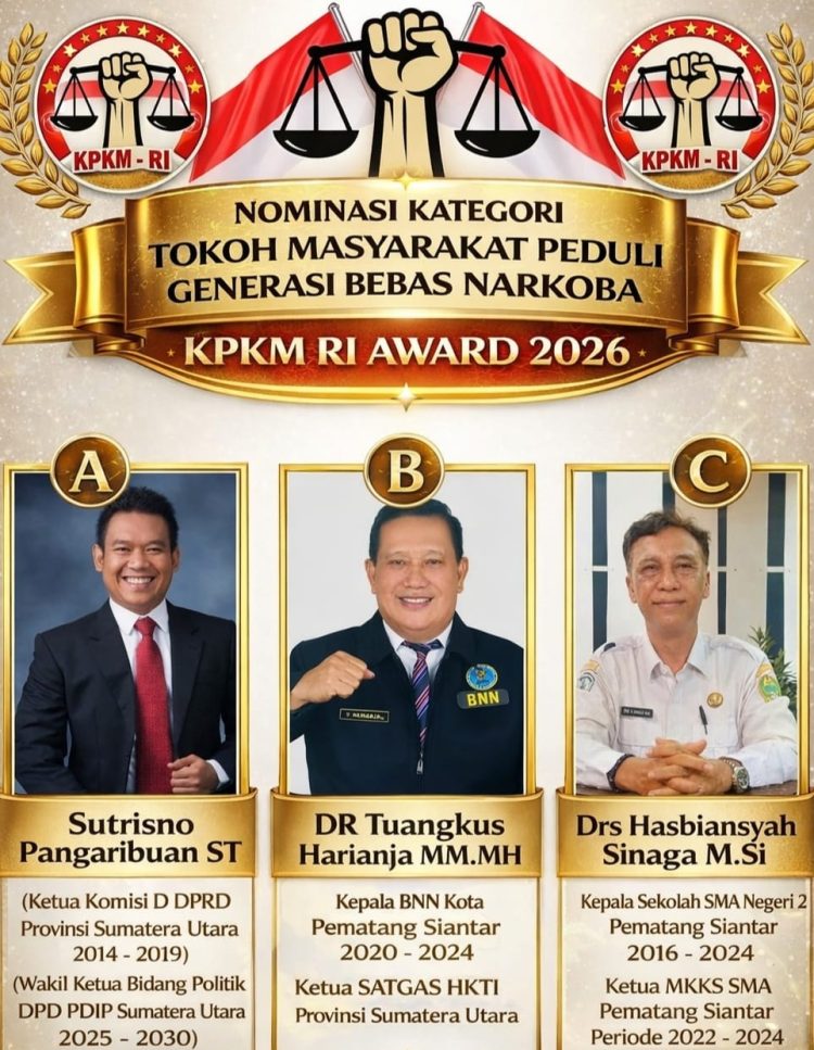 Kongres Pemberantasan Korupsi Manipulatif Rakyat Indonesia (KPKM RI) menetapkan sejumlah tokoh masyarakat sebagai nominasi KPKM RI Award 2026 dalam kategori Tokoh Masyarakat Peduli Generasi Bebas Narkoba.