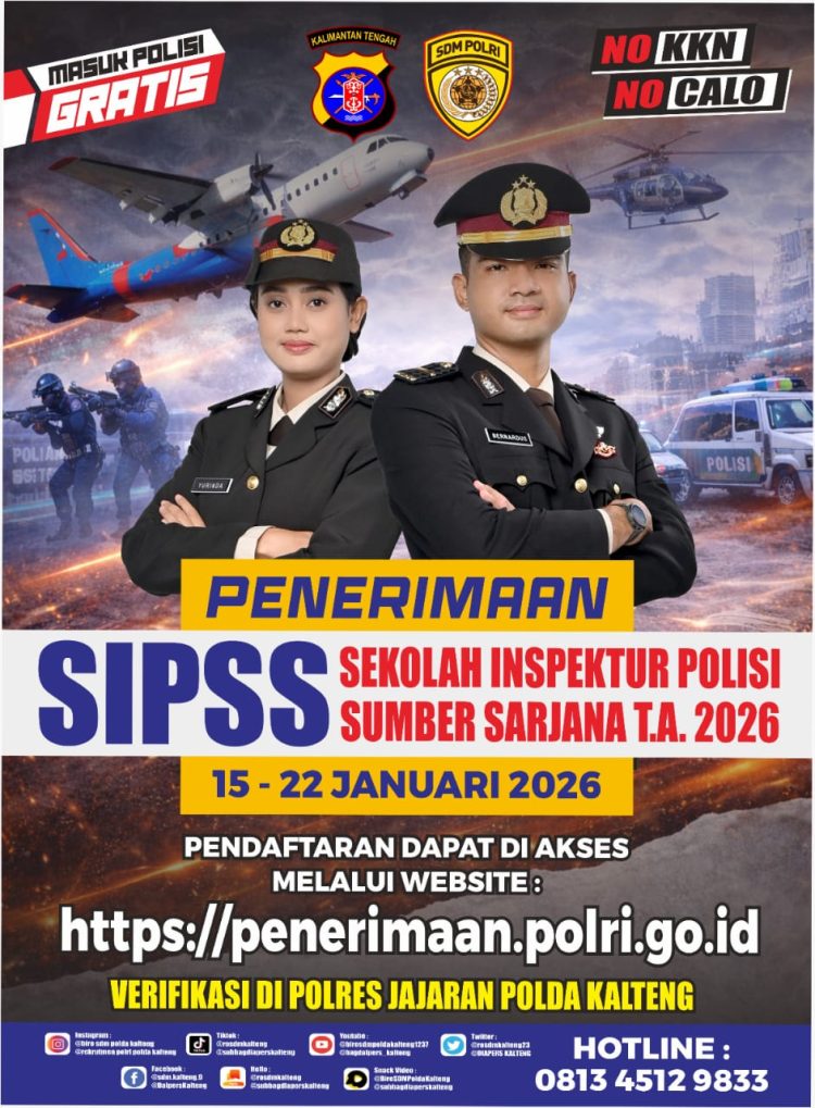 Polri melalui Polda Kalimantan Tengah (Kalteng) membuka pendaftaran bagi para sarjana yang berminat masuk di Kepolisian lewat jalur Sekolah Inspektur Polisi Sumber Sarjana (SIPSS) tahun 2026. Pendaftaran dibuka mulai tanggal 15 Januari sampai 22 Januari 2026 mendatang.