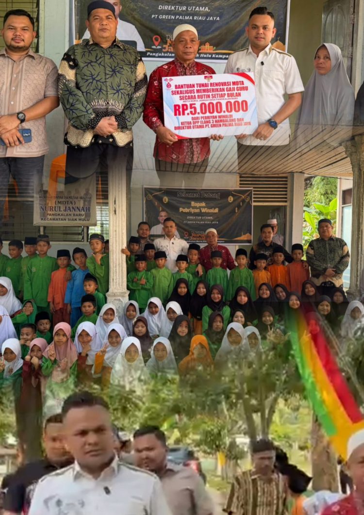 Direktur PT Green Palma Riau Jaya sekaligus Ketua Elang 3 Hambalang Riau, Pebriyan Winaldi, menyalurkan bantuan renovasi sebesar Rp5 juta untuk MDTA Nur Jannah.