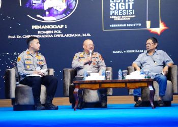 Kegiatan doorstop Bedah Buku Alter Ego Listyo Sigit Presisi: Sebuah Biografi Kebijakan digelar di Auditorium Mutiara STIK Lemdiklat Polri, Jakarta, Rabu (4/2/2026).