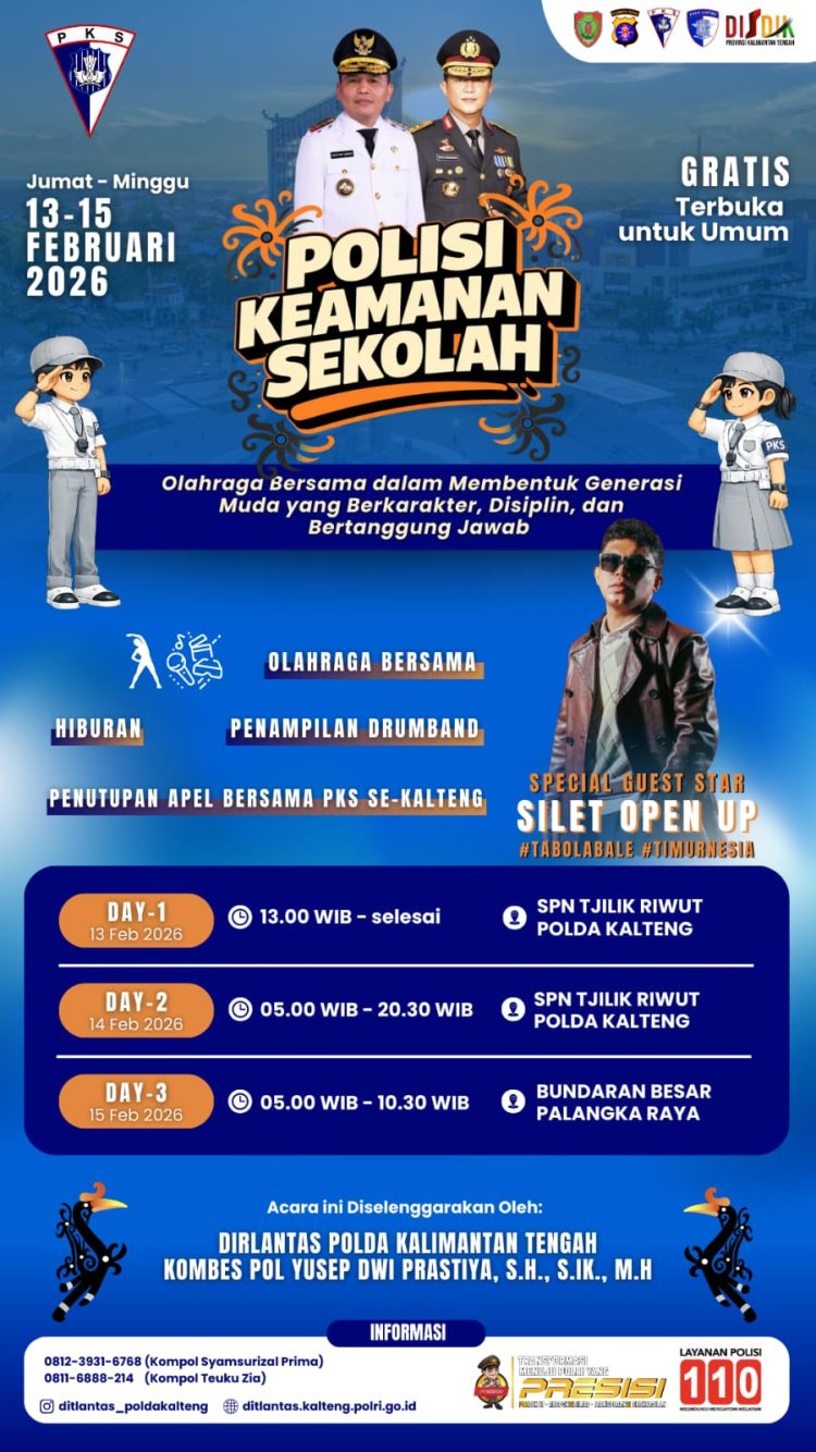 Puncak kegiatan Polisi Keamanan Sekolah (PKS) yang akan digelar di Bundaran Besar Palangka Raya, pada Sabtu (15/2/2026), mulai pukul 06.00 WIB.