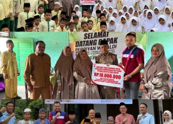 Direktur PT Green Palma Riau Jaya sekaligus Ketua Elang 3 Hambalang Riau, Pebriyan Winaldi, saat menyerahkan bantuan renovasi madrasah dan dukungan kesejahteraan guru di Dusun Kampung Panjang, Desa Koto Perambahan, Kecamatan Kampa, Kabupaten Kampar. Bantuan berupa dana renovasi sebesar Rp10 juta dan bantuan tunai tambahan