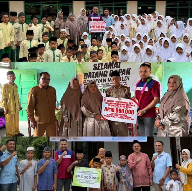 Direktur PT Green Palma Riau Jaya sekaligus Ketua Elang 3 Hambalang Riau, Pebriyan Winaldi, saat menyerahkan bantuan renovasi madrasah dan dukungan kesejahteraan guru di Dusun Kampung Panjang, Desa Koto Perambahan, Kecamatan Kampa, Kabupaten Kampar. Bantuan berupa dana renovasi sebesar Rp10 juta dan bantuan tunai tambahan