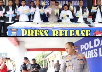 Polres Labuhanbatu menggelar konferensi pers terkait pengungkapan peredaran narkotika jaringan Internasional dengan barang bukti 30 bungkus plastik besar warna kuning emas bertuliskan Cina merek Daguanyin berisikan kristal putih diduga sabu seberat 31,5 kilogram bruto serta 6 bungkus plastik besar transparan berisi pil ekstasi warna merah muda sebanyak 30.000 butir di Mapolres Labuhanbatu Jl. MH. Thamrin Rantauprapat Kab. Labuhanbatu. (03/03/2026).