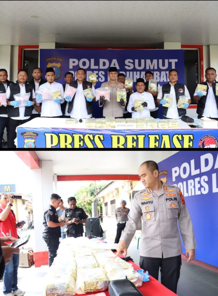 Polres Labuhanbatu menggelar konferensi pers terkait pengungkapan peredaran narkotika jaringan Internasional dengan barang bukti 30 bungkus plastik besar warna kuning emas bertuliskan Cina merek Daguanyin berisikan kristal putih diduga sabu seberat 31,5 kilogram bruto serta 6 bungkus plastik besar transparan berisi pil ekstasi warna merah muda sebanyak 30.000 butir di Mapolres Labuhanbatu Jl. MH. Thamrin Rantauprapat Kab. Labuhanbatu. (03/03/2026).