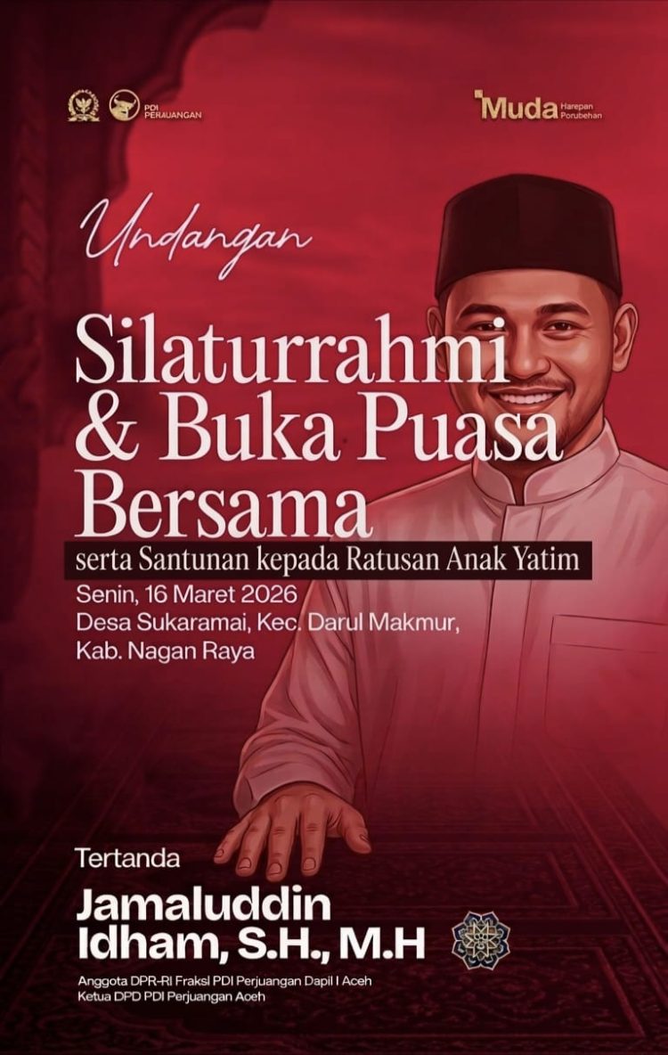 Anggota DPR RI Fraksi PDI-Perjuangan, Jamaluddin Idham, dijadwalkan akan menggelar acara buka puasa bersama sekaligus pemberian santunan kepada ratusan anak yatim di Kabupaten Nagan Raya pada Senin, 16 Maret 2026 mendatang