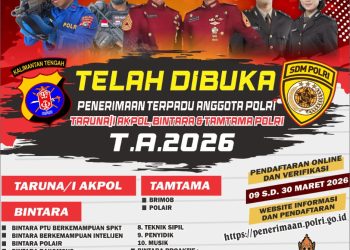 Kepolisian Republik Indonesia (Polri) melalui Polda Kalimantan Tengah (Kalteng) kembali membuka kesempatan bagi putra-putri terbaik bangsa untuk berkarir di kepolisian melalui penerimaan Polri terpadu jalur Akademi Kepolisian (Akpol), Bintara dan Tamtama Polri Tahun Anggaran 2026.