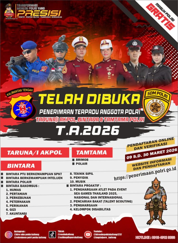 Kepolisian Republik Indonesia (Polri) melalui Polda Kalimantan Tengah (Kalteng) kembali membuka kesempatan bagi putra-putri terbaik bangsa untuk berkarir di kepolisian melalui penerimaan Polri terpadu jalur Akademi Kepolisian (Akpol), Bintara dan Tamtama Polri Tahun Anggaran 2026.