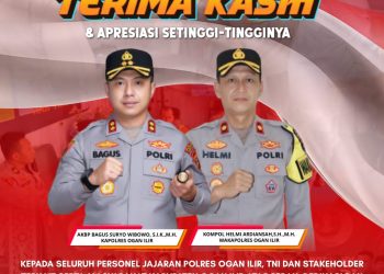 Kapolres Ogan Ilir AKBP Bagus Suryo Wibowo, S.I.K., M.H. menyampaikan apresiasi dan ucapan terima kasih kepada seluruh personel jajaran Polres Ogan Ilir, TNI, Pemerintah Kabupaten Ogan Ilir, stakeholder terkait, serta seluruh masyarakat Kabupaten Ogan Ilir atas peran aktif, dedikasi, dan sinergi dalam pelaksanaan pengamanan Hari Raya Idul Fitri 1447 Hijriah.