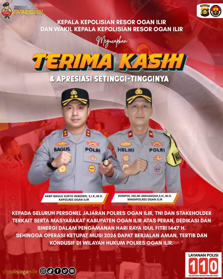 Kapolres Ogan Ilir AKBP Bagus Suryo Wibowo, S.I.K., M.H. menyampaikan apresiasi dan ucapan terima kasih kepada seluruh personel jajaran Polres Ogan Ilir, TNI, Pemerintah Kabupaten Ogan Ilir, stakeholder terkait, serta seluruh masyarakat Kabupaten Ogan Ilir atas peran aktif, dedikasi, dan sinergi dalam pelaksanaan pengamanan Hari Raya Idul Fitri 1447 Hijriah.