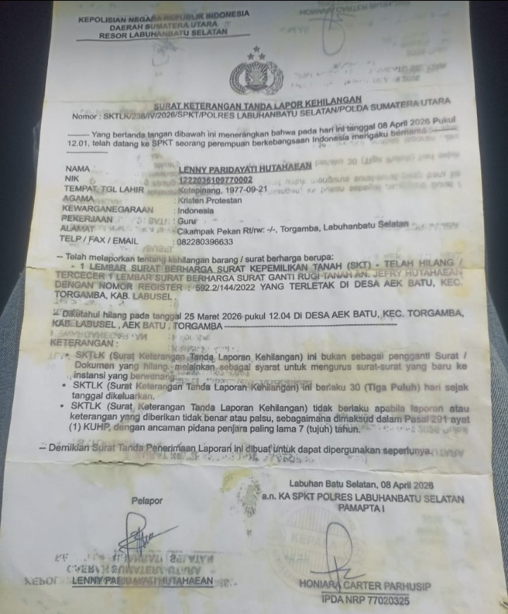Surat Keterangan Tanda Laporan Kehilangan di Polres Labuhanbatu Selatan