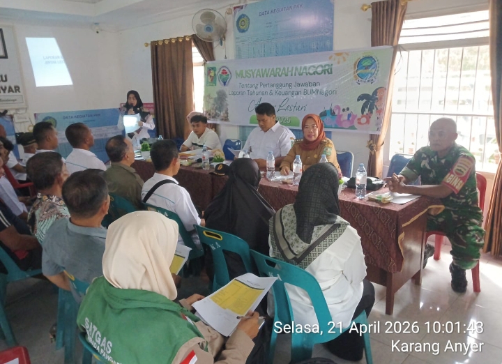 Musyawarah Nagori (Musdes) Tahunan BUMNagori yang digelar di Kantor Pangulu Karang Anyar, Kecamatan Gunung Maligas, Kabupaten Simalungun. Selasa (21/4/2026).