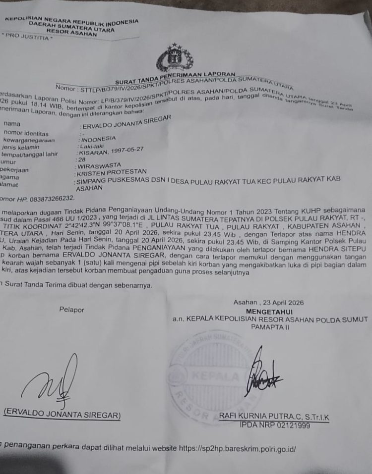 Surat Tanda Penerimaan Laporan di Polres Asahan, Sumut.