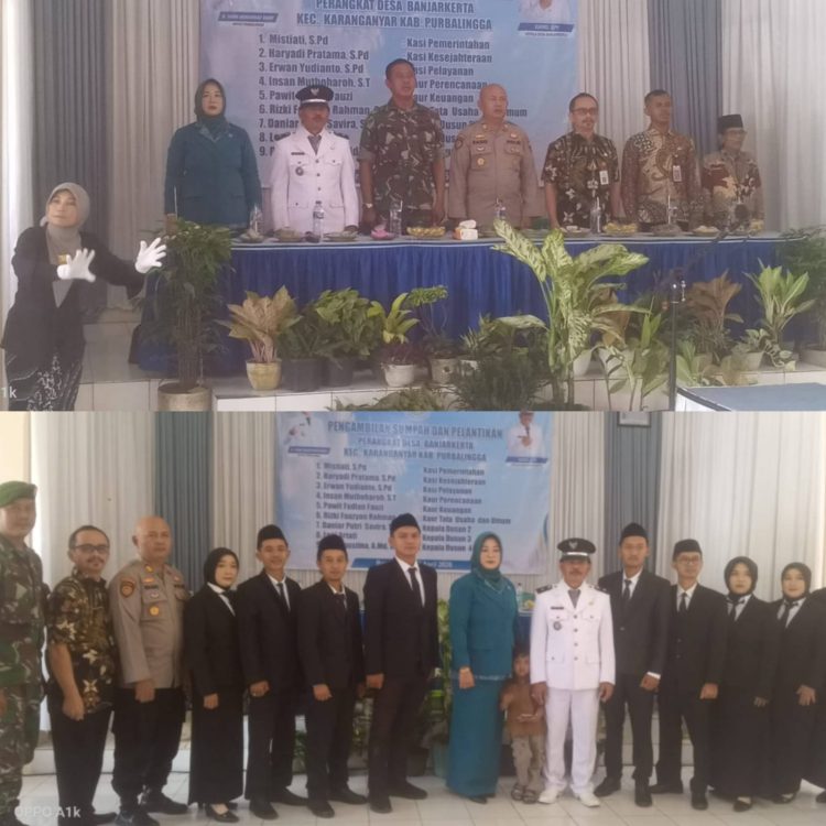 Pelantikan dan pengambilan sumpah jabatan perangkat desa digelar di Aula Bale Desa Desa Banjarkerta pada Kamis, 30 April 2026, pukul 08.00 WIB hingga selesai. Kegiatan berlangsung khidmat dipimpin langsung oleh Kepala Desa, Sukno, S.Pd.