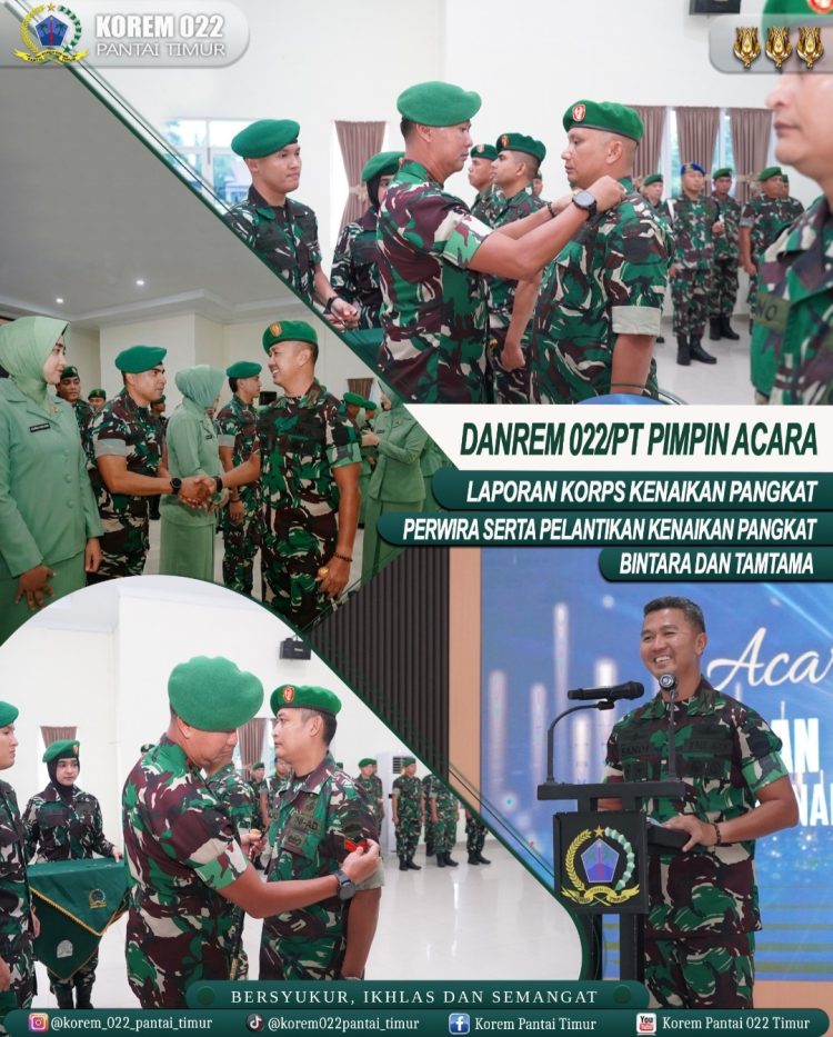 Komandan Korem (Danrem) 022/Pantai Timur Kolonel Inf Sandi Kamidianto, S.I.P., M.I.P., memimpin langsung acara Laporan Korps Kenaikan Pangkat Perwira serta pelantikan kenaikan pangkat Bintara dan Tamtama jajaran Korem 022/Pantai Timur.