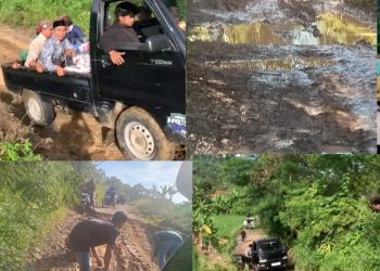 Jalan tanah merah penuh lubang, berlumpur, licin, serta dipenuhi batu-batu tajam menjadikannya sangat berbahaya untuk dilintasi.