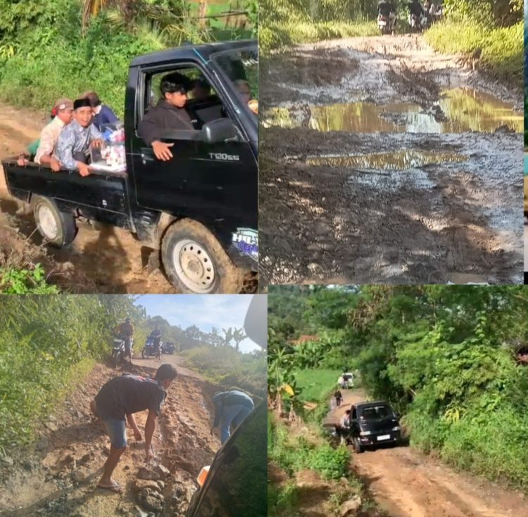 Jalan tanah merah penuh lubang, berlumpur, licin, serta dipenuhi batu-batu tajam menjadikannya sangat berbahaya untuk dilintasi.