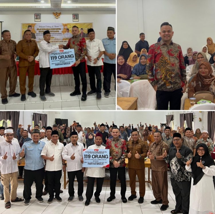 Penyerahan bantuan kepada 119 guru MDTA di Kecamatan Kampa oleh Direktur PT Green Palma Riau Jaya, Pebriyan Winaldi, dalam kegiatan silaturahmi yang berlangsung penuh kebersamaan.