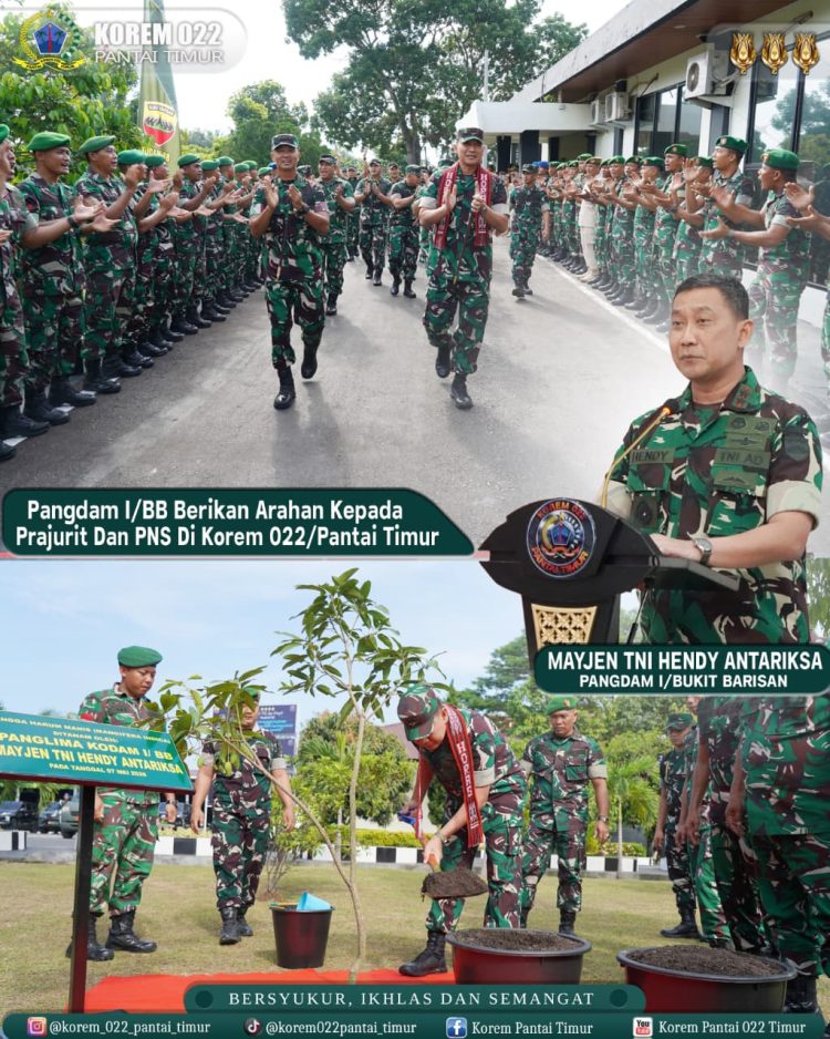 Pangdam I/Bukit Barisan Mayjen TNI Hendy Antariksa memberikan pengarahan kepada Prajurit dan PNS jajaran Korem 022/PT di Makorem 022/PT, kehadiran Pangdam I/BB disambut hangat oleh Danrem 022/Pantai Timur Kolonel Inf Sandi Kamidianto, S.I.P., M.I.P., beserta para Kasi Korem, Dandim jajaran, Prajurit dan PNS.