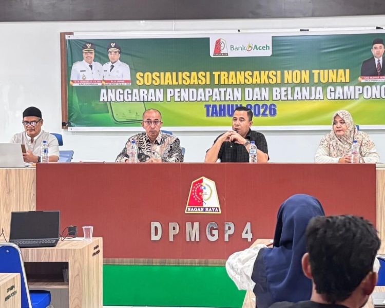 Pemerintah kabupaten Nagan Raya bersama Bank Aceh cabang jeuram melaksanakan sosialisasi transaksi Non tunai Anggaran pendapatan dan belanja Gampong (APBG) pada pemerintah Gampong di kabupaten Nagan Raya dari tanggal 07 mei 2026 sampai tanggal 12 mei 2026 di aula DPMPGP4 kabupaten Nagan Raya.