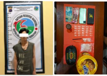 Dalam penggeledahan kamar yang ditempati pelaku, tim menemukan 25 paket yang diduga narkotika golongan I jenis sabu dengan berat 4,53 (empat koma lima tiga) Gram — terdiri dari 3 paket dalam toples kuning dan 22 paket dalam kotak jam tangan hitam — beserta klip kosong, 2 buah sendok sabu, dan uang tunai Rp665.000 yang diduga hasil penjualan narkotika. Turut disita pula 1 unit handphone merek REALME warna hijau dari badan pelaku.