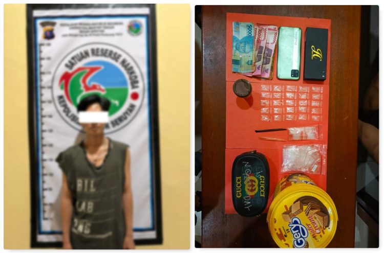 Dalam penggeledahan kamar yang ditempati pelaku, tim menemukan 25 paket yang diduga narkotika golongan I jenis sabu dengan berat 4,53 (empat koma lima tiga) Gram — terdiri dari 3 paket dalam toples kuning dan 22 paket dalam kotak jam tangan hitam — beserta klip kosong, 2 buah sendok sabu, dan uang tunai Rp665.000 yang diduga hasil penjualan narkotika. Turut disita pula 1 unit handphone merek REALME warna hijau dari badan pelaku.