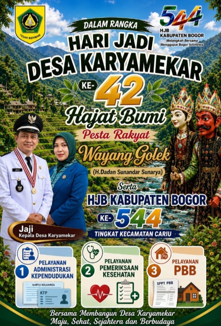 Pemerintah Desa Karyamekar, Kecamatan Cariu, Kabupaten Bogor, sukses menggelar Tasyakuran Hajat Bumi, Pesta Rakyat, dan peringatan Hari Jadi Desa Karyamekar ke-42, yang dirangkaikan dengan peringatan Hari Jadi Bogor ke-544 tingkat Kecamatan Cariu, Sabtu (09/05/2026).