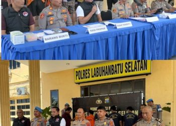 Keberhasilan tersebut dipaparkan langsung dalam konferensi pers yang dipimpin oleh Wakapolres Labusel, Kompol Moch Guntur Priyantoko mewakili Kapolres Labusel AKBP Aditya S.P. Sembiring, didampingi Kasat Narkoba Polres Labusel AKP Sahat Marulam Lumbangaol, bersama sejumlah PJU Polres Labusel, di halaman Mapolres setempat, Rabu (03/06/2026).