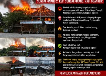Musibah kebakaran menghanguskan satu unit rumah panggung milik warga di Desa Sungai Pinang 2, Kecamatan Sungai Pinang, Kabupaten Ogan Ilir, pada Minggu (7/6/2026).