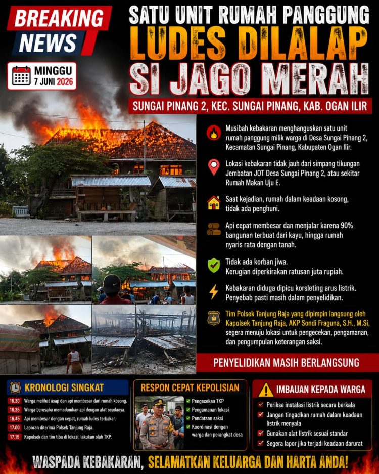 Musibah kebakaran menghanguskan satu unit rumah panggung milik warga di Desa Sungai Pinang 2, Kecamatan Sungai Pinang, Kabupaten Ogan Ilir, pada Minggu (7/6/2026).