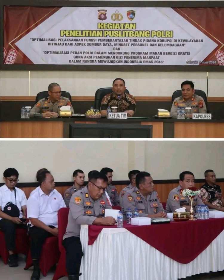 Kapolres Seruyan AKBP BEDDY SUWENDI, S.H., S.I.K. beserta sejumlah Pejabat Utama Polres Seruyan mengikuti kegiatan Supervisi dan Penelitian Tindak Pidana Korupsi (Tipidkor) yang diselenggarakan oleh Pusat Penelitian dan Pengembangan (Puslitbang) Polri pada Selasa 9/6/2026 pukul 08.00 WIB hingga selesai, bertempat di Aula Polres Kotawaringin Timur.