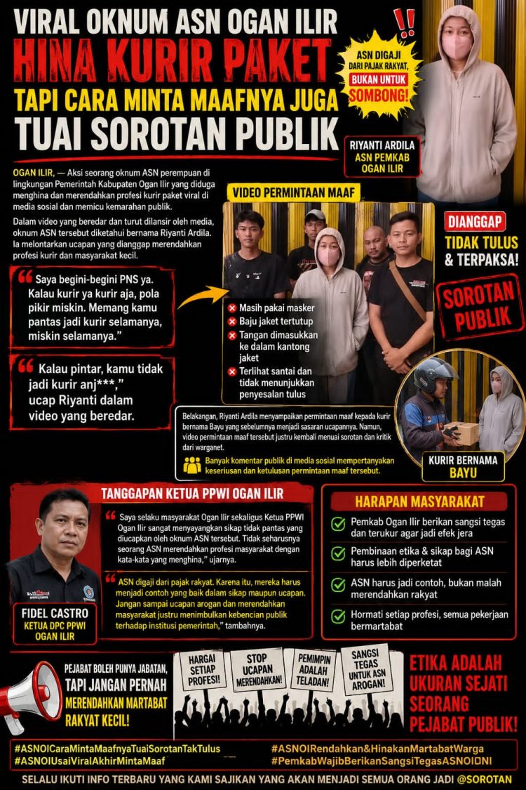 Aksi seorang oknum ASN perempuan di lingkungan Pemerintah Kabupaten Ogan Ilir yang diduga menghina dan merendahkan profesi kurir paket viral di media sosial dan memicu kemarahan publik.