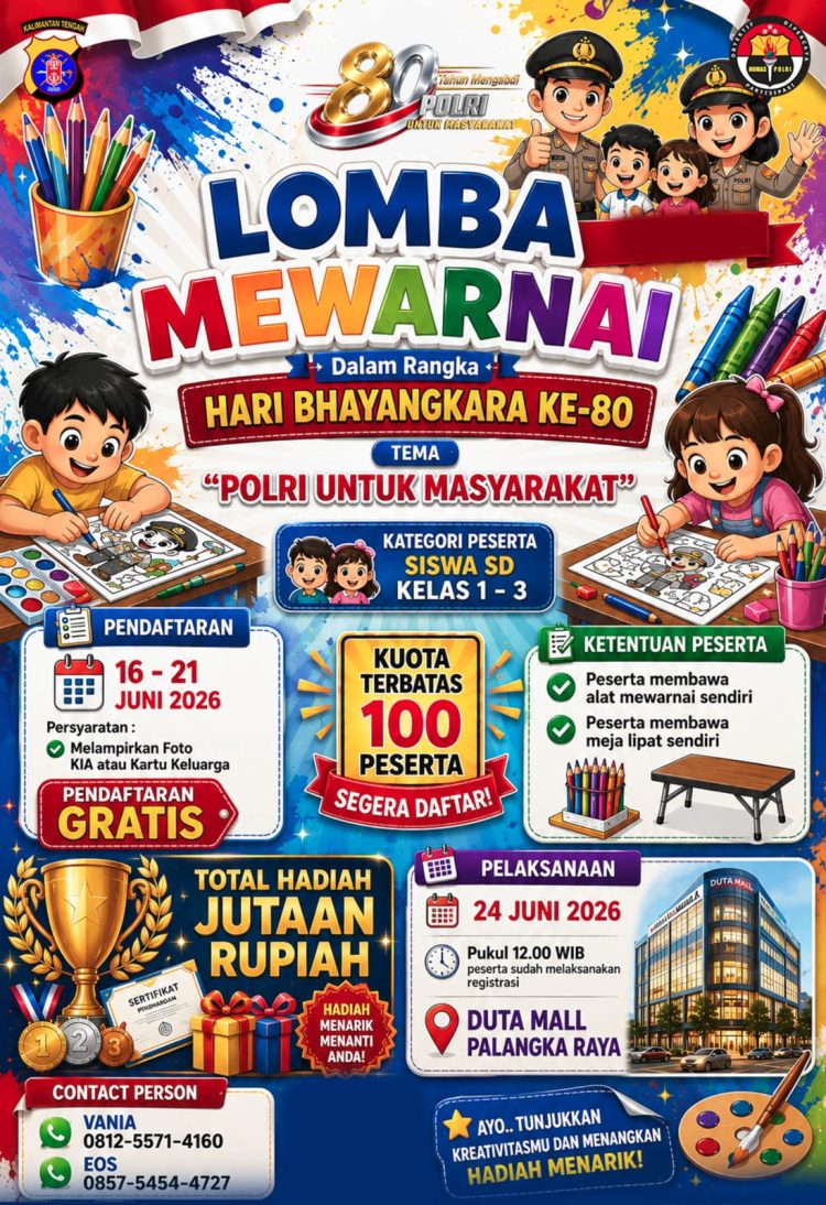 Polda Kalimantan Tengah (Kalteng) menggelar lomba mewarnai bagi murid sekolah dasar (SD) kelas 1 hingga 3 dalam rangka memeriahkan Hari Bhayangkara ke-80, dan mengusung tema 'Polri untuk Masyarakat'.