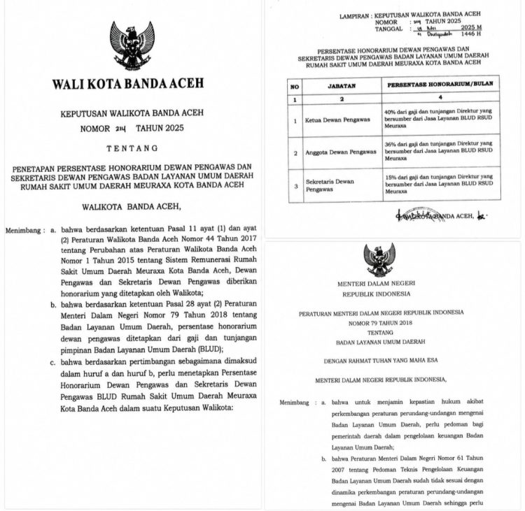 SK Wali Kota Banda Aceh Nomor 214 tahun 2025 Tentang Penetapan Persentase Honorarium Dewan Pengawas dan Sekretaris Dewan Pengawas Badan Layanan Umum Daerah Rumah Sakit Umum Daerah Meuraxa Kota Banda Aceh