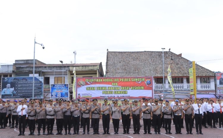 Kapolres Samosir, AKBP Rina Sry Nirwana Tarigan, S.I.K., M.H., memimpin langsung Upacara Pelantikan Kepala Bagian Logistik (Kabag Log) serta Serah Terima Jabatan (Sertijab) Kepala Satuan Reserse Kriminal (Kasat Reskrim) Polres Samosir yang berlangsung di Lapangan Mako Polres Samosir, Senin (29/6/2026) pukul 08.00 WIB.