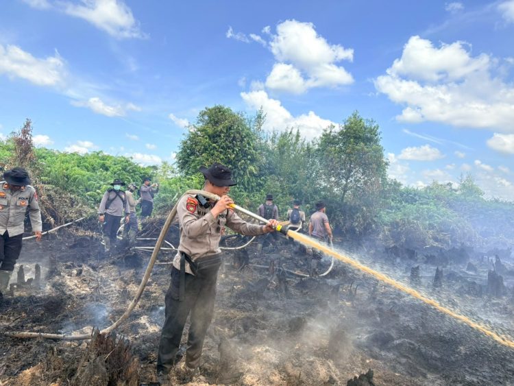 Personel BKO Penanganan Kebakaran Hutan dan Lahan (Karhutla) Ditsamapta Polda Kalimantan Tengah terus bergerak melakukan pemadaman dan pembasahan lahan yang terbakar di Desa Tumbang Nusa, Kabupaten Pulang Pisau, Minggu (12/7/2026).