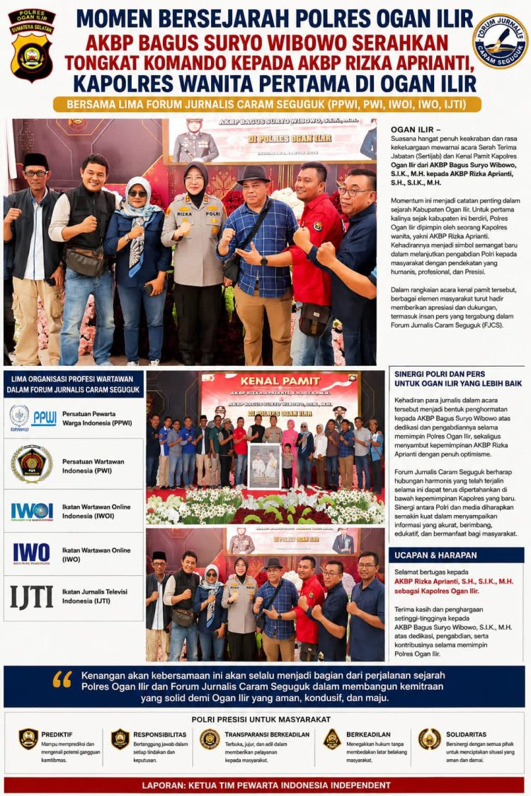 Suasana hangat penuh keakraban dan rasa kekeluargaan mewarnai acara Serah Terima Jabatan (Sertijab) dan Kenal Pamit Kapolres Ogan Ilir dari AKBP Bagus Suryo Wibowo, S.I.K., M.H. kepada AKBP Rizka Aprianti, S.H., S.I.K., M.H.
