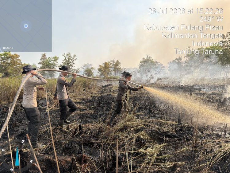 Langkah sigap dari personel Ditsamapta Polda Kalimantan Tengah melakukan upaya pencegahan api kembali menyala di lahan yang terbakar di Kelurahan Kalampangan, Kota Palangka Raya.