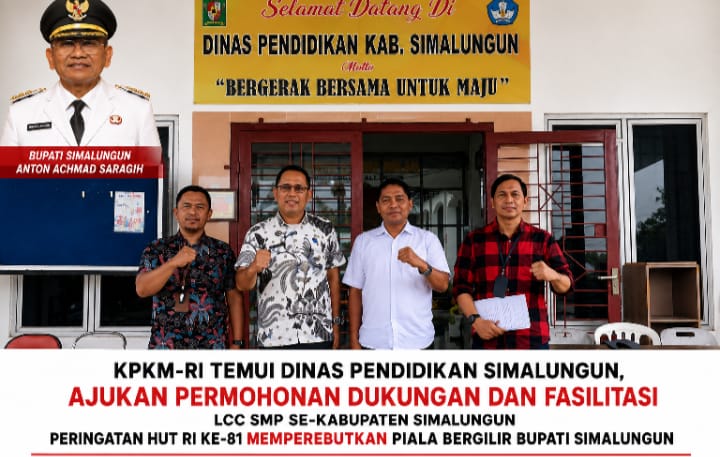 KPKM RI secara resmi melanjutkan komunikasi kelembagaan dengan menyerahkan surat permohonan dukungan beserta proposal penyelenggaraan Lomba Cerdas Cermat (LCC) Tingkat SMP se-Kabupaten Simalungun Tahun 2026 kepada Dinas Pendidikan Kabupaten Simalungun, Jumat (31/7/2026).