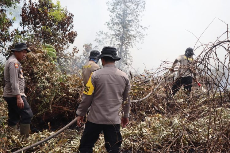 Personel Satgas Operasi Aman Nusa II Polda Kalimantan Tengah terus berupaya memadamkan kebakaran hutan dan lahan (karhutla) di tengah cuaca panas dan terik matahari.
