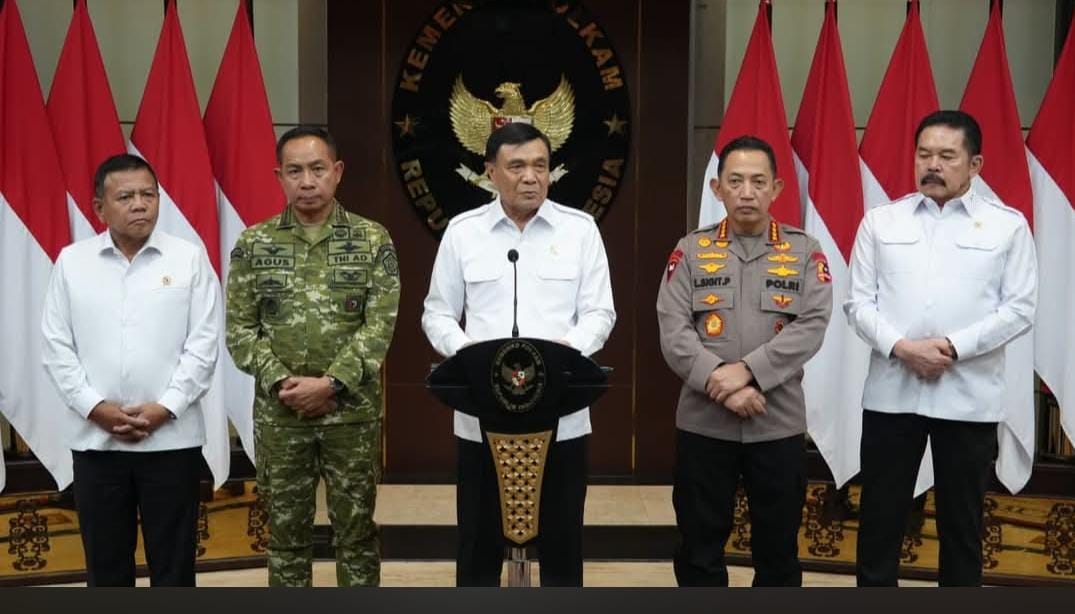Menko Polkam Jenderal TNI (Purn.) Djamari Chaniago dalam konferensi pers di Kantor Kemenko Polkam, Jakarta, Rabu (5/8/2026).