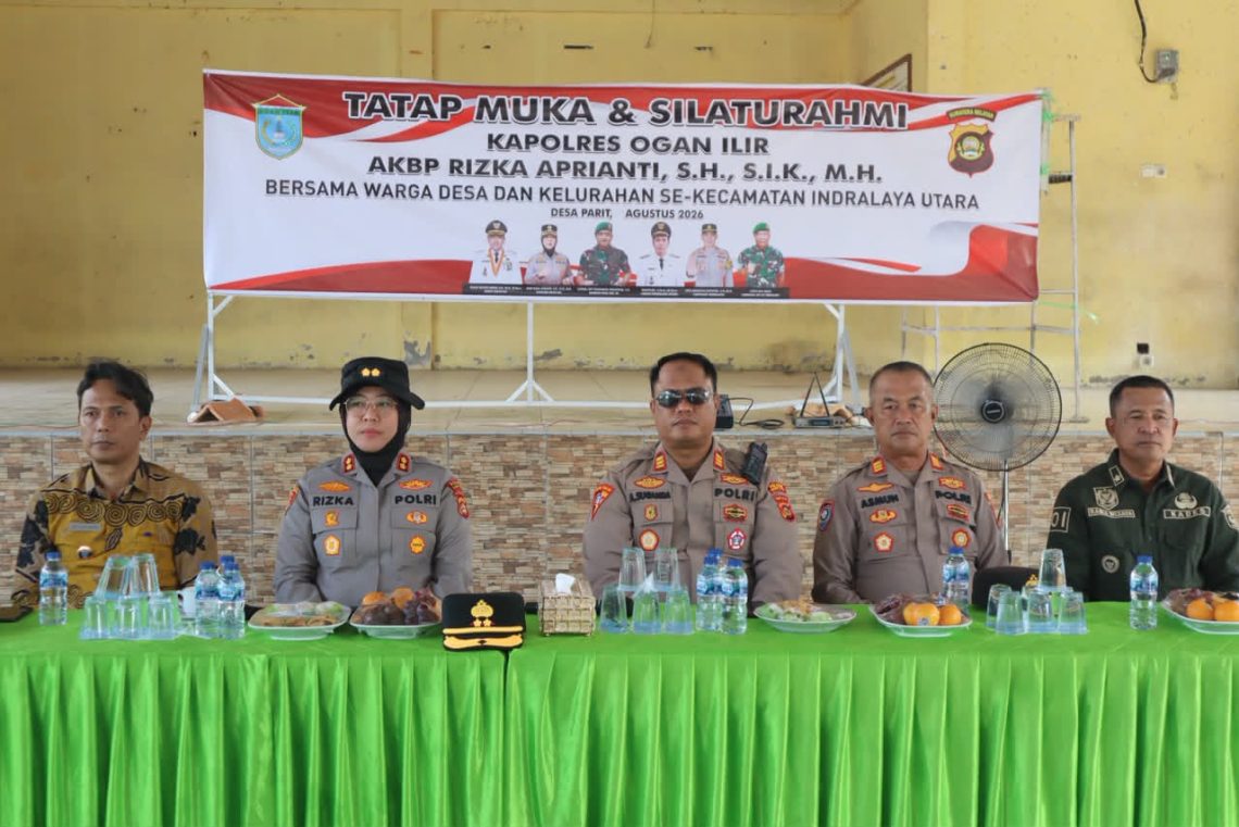 Kapolres Ogan Ilir AKBP Rizka Aprianti, S.H., S.I.K., M.H. melaksanakan kegiatan silaturahmi dan tatap muka bersama masyarakat desa dan kelurahan se-Kecamatan Indralaya Utara yang dipusatkan di Balai Raga Desa Parit, Kecamatan Indralaya Utara, Kabupaten Ogan Ilir, Jumat (7/8/2026).
