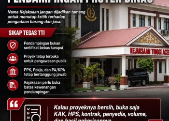 Transparansi Tender Indonesia (TTI) mendesak Kejaksaan Tinggi Aceh dan seluruh Kejaksaan Negeri di Aceh memberikan klarifikasi terbuka mengenai peran, batas kewenangan, serta ruang lingkup pendampingan terhadap kegiatan dan proyek yang dilaksanakan dinas-dinas pemerintah.