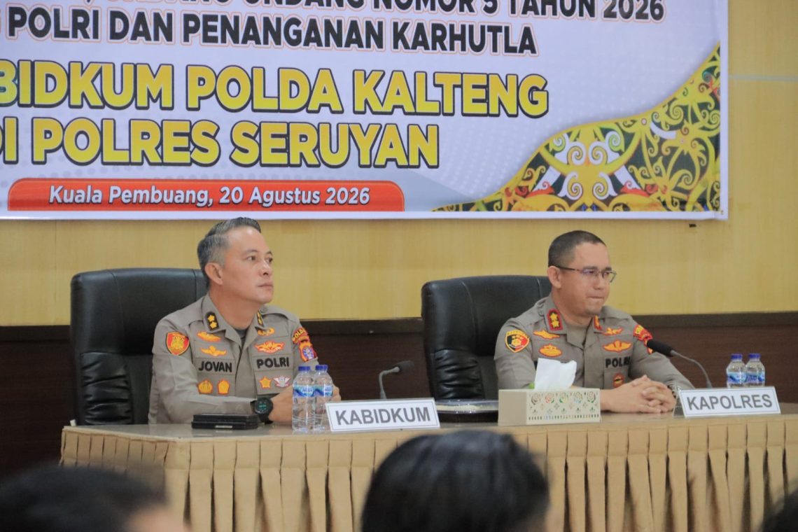 Kegiatan penyuluhan hukum dilaksanakan pada Kamis (20/08/2026) mulai pukul 10.30 WIB hingga selesai, bertempat di Aula Patriatama 95 Polres Seruyan. Materi yang disampaikan meliputi implementasi KUHAP baru serta antisipasi kerawanan praperadilan, Undang-Undang Nomor 5 Tahun 2026 tentang Polri, serta penanganan Karhutla.