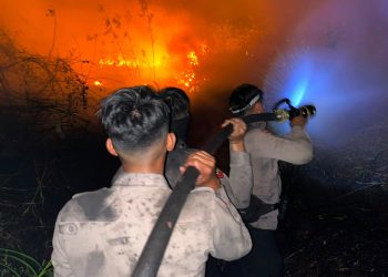 Personel Direktorat Samapta (Ditsamapta) Polda Kalimantan Tengah bergerak cepat memadamkan kebakaran lahan yang nyaris merembet ke permukiman warga di Jalan Danau Rangas, Kelurahan Bukit Tunggal, Kecamatan Jekan Raya, Kota Palangka Raya, Sabtu (22/8/2026) dini hari.