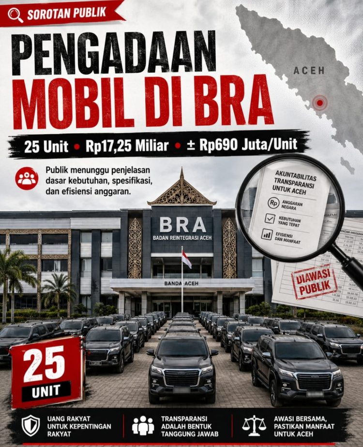 Transparansi Tender Indonesia (TTI) mendesak Badan Reintegrasi Aceh (BRA) memberikan penjelasan terbuka kepada publik terkait pengadaan kendaraan operasional yang nilainya sekitar Rp690 juta per unit.